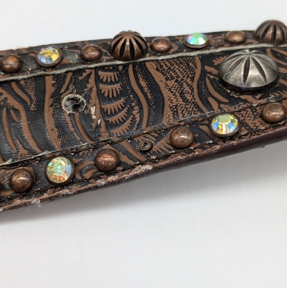 RODS Brown Blue Beaded Rhinestone Leather Belt XL main image 9